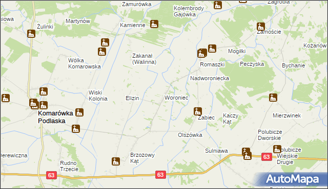 mapa Woroniec gmina Komarówka Podlaska, Woroniec gmina Komarówka Podlaska na mapie Targeo