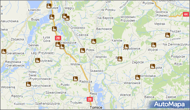 mapa Woźniki gmina Tomice, Woźniki gmina Tomice na mapie Targeo