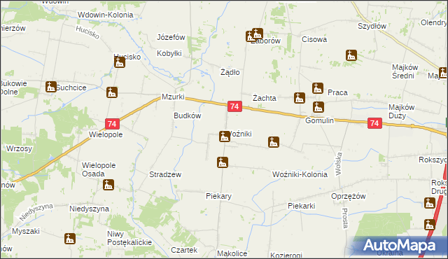 mapa Woźniki gmina Wola Krzysztoporska, Woźniki gmina Wola Krzysztoporska na mapie Targeo