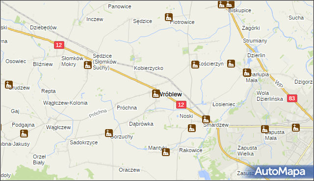 mapa Wróblew powiat sieradzki, Wróblew powiat sieradzki na mapie Targeo