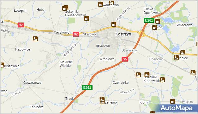 mapa Wróblewo gmina Kostrzyn, Wróblewo gmina Kostrzyn na mapie Targeo