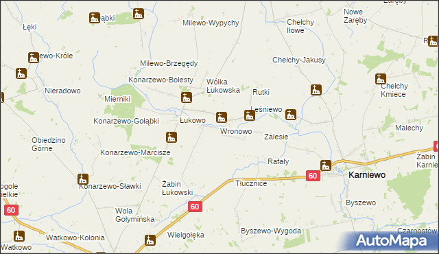 mapa Wronowo gmina Karniewo, Wronowo gmina Karniewo na mapie Targeo