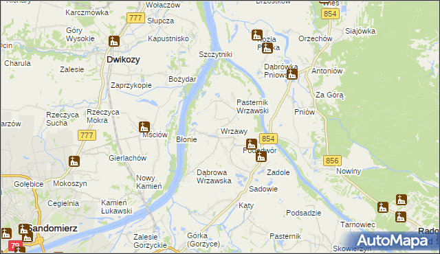 mapa Wrzawy gmina Gorzyce, Wrzawy gmina Gorzyce na mapie Targeo