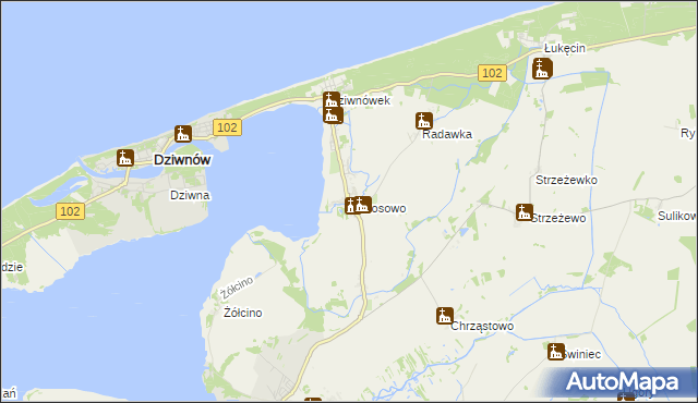 mapa Wrzosowo gmina Kamień Pomorski, Wrzosowo gmina Kamień Pomorski na mapie Targeo