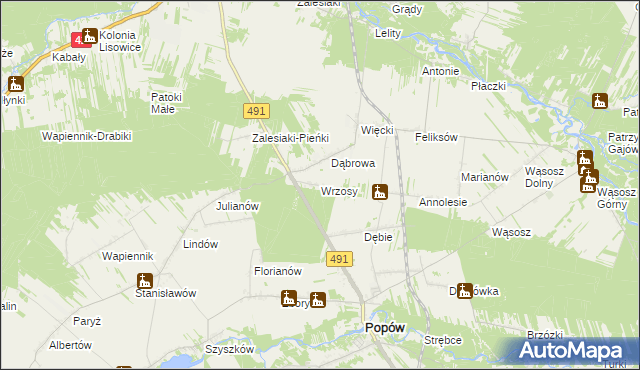 mapa Wrzosy gmina Popów, Wrzosy gmina Popów na mapie Targeo