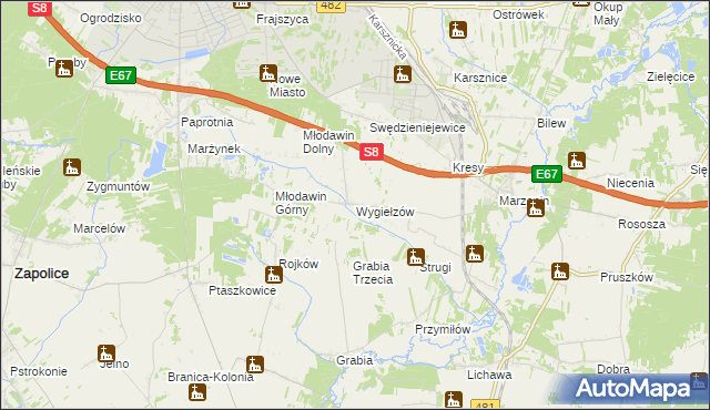 mapa Wygiełzów gmina Zapolice, Wygiełzów gmina Zapolice na mapie Targeo