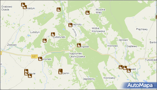 mapa Wygoda gmina Ostróda, Wygoda gmina Ostróda na mapie Targeo