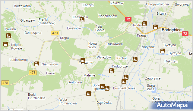 mapa Wylazłów gmina Poddębice, Wylazłów gmina Poddębice na mapie Targeo