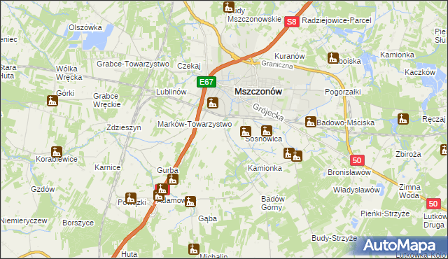 mapa Wymysłów gmina Mszczonów, Wymysłów gmina Mszczonów na mapie Targeo