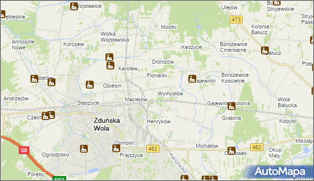 mapa Wymysłów gmina Zduńska Wola, Wymysłów gmina Zduńska Wola na mapie Targeo