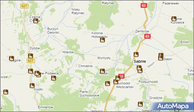 mapa Wymysły gmina Sabnie, Wymysły gmina Sabnie na mapie Targeo