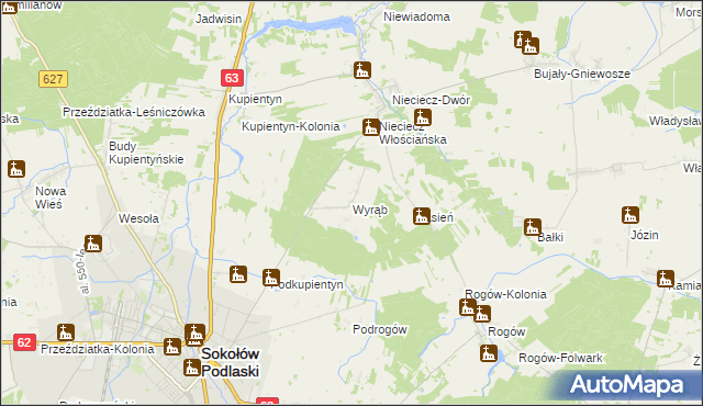 mapa Wyrąb gmina Sokołów Podlaski, Wyrąb gmina Sokołów Podlaski na mapie Targeo