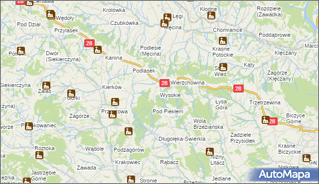 mapa Wysokie gmina Limanowa, Wysokie gmina Limanowa na mapie Targeo