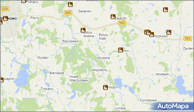 mapa Wysokie gmina Świątki, Wysokie gmina Świątki na mapie Targeo