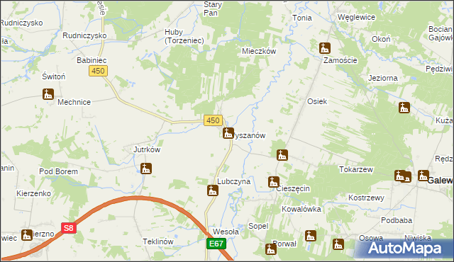 mapa Wyszanów gmina Wieruszów, Wyszanów gmina Wieruszów na mapie Targeo