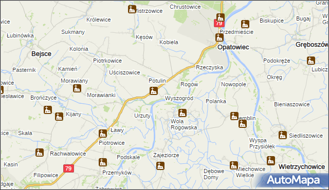 mapa Wyszogród gmina Opatowiec, Wyszogród gmina Opatowiec na mapie Targeo