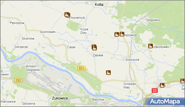 mapa Zabiele gmina Kotla, Zabiele gmina Kotla na mapie Targeo