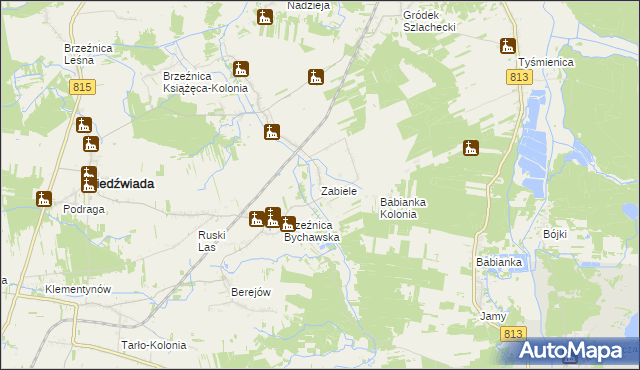 mapa Zabiele gmina Niedźwiada, Zabiele gmina Niedźwiada na mapie Targeo