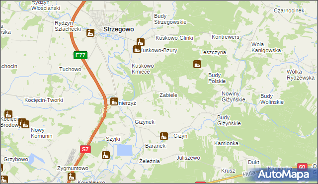 mapa Zabiele gmina Strzegowo, Zabiele gmina Strzegowo na mapie Targeo