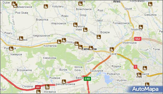 mapa Zabierzów powiat krakowski, Zabierzów powiat krakowski na mapie Targeo