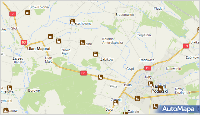 mapa Żabików gmina Radzyń Podlaski, Żabików gmina Radzyń Podlaski na mapie Targeo