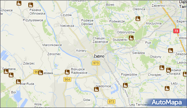 mapa Żabno powiat tarnowski, Żabno powiat tarnowski na mapie Targeo