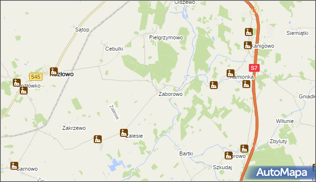 mapa Zaborowo gmina Kozłowo, Zaborowo gmina Kozłowo na mapie Targeo