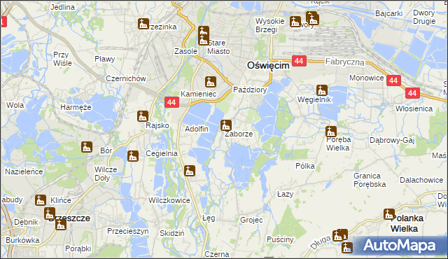 mapa Zaborze gmina Oświęcim, Zaborze gmina Oświęcim na mapie Targeo