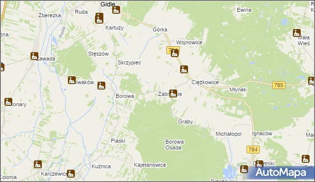 mapa Zabrodzie gmina Gidle, Zabrodzie gmina Gidle na mapie Targeo
