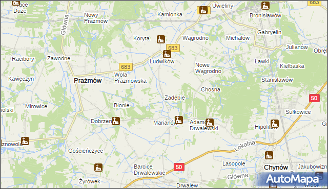 mapa Zadębie gmina Prażmów, Zadębie gmina Prażmów na mapie Targeo