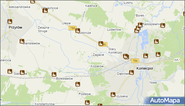 mapa Zagacie gmina Koniecpol, Zagacie gmina Koniecpol na mapie Targeo