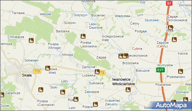 mapa Zagaje gmina Iwanowice, Zagaje gmina Iwanowice na mapie Targeo