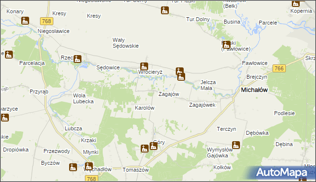 mapa Zagajów gmina Michałów, Zagajów gmina Michałów na mapie Targeo