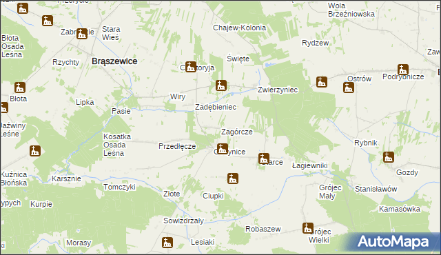 mapa Zagórcze gmina Brąszewice, Zagórcze gmina Brąszewice na mapie Targeo