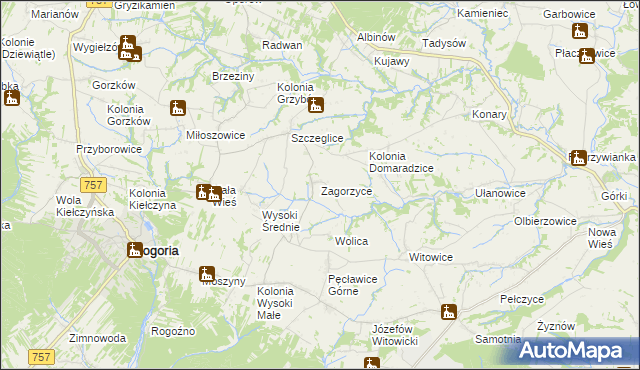 mapa Zagorzyce gmina Bogoria, Zagorzyce gmina Bogoria na mapie Targeo