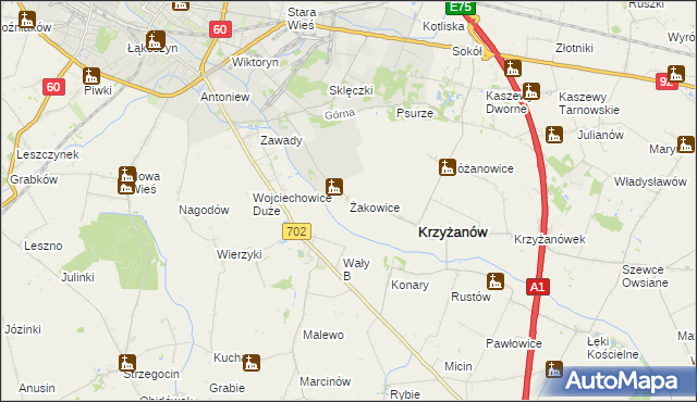 mapa Żakowice gmina Krzyżanów, Żakowice gmina Krzyżanów na mapie Targeo