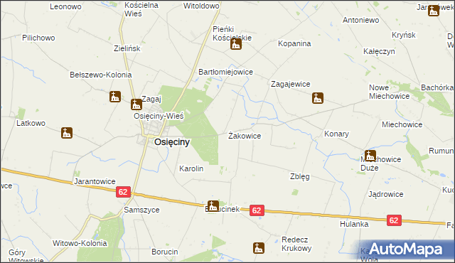 mapa Żakowice gmina Osięciny, Żakowice gmina Osięciny na mapie Targeo