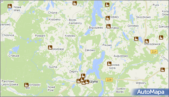 mapa Żakowo gmina Sulęczyno, Żakowo gmina Sulęczyno na mapie Targeo