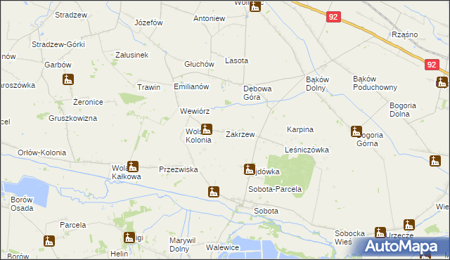 mapa Zakrzew gmina Bielawy, Zakrzew gmina Bielawy na mapie Targeo