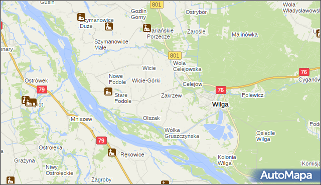 mapa Zakrzew gmina Wilga, Zakrzew gmina Wilga na mapie Targeo