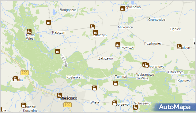 mapa Zakrzewo gmina Mieścisko, Zakrzewo gmina Mieścisko na mapie Targeo