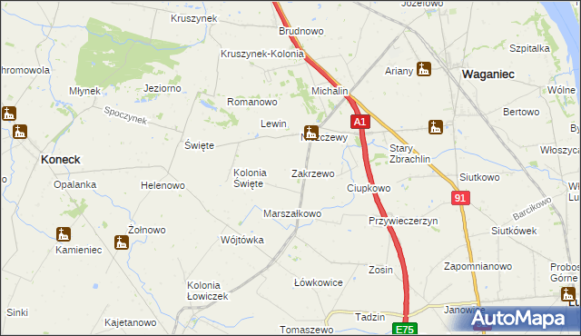mapa Zakrzewo gmina Waganiec, Zakrzewo gmina Waganiec na mapie Targeo