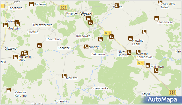 mapa Zakrzewo gmina Wyszki, Zakrzewo gmina Wyszki na mapie Targeo