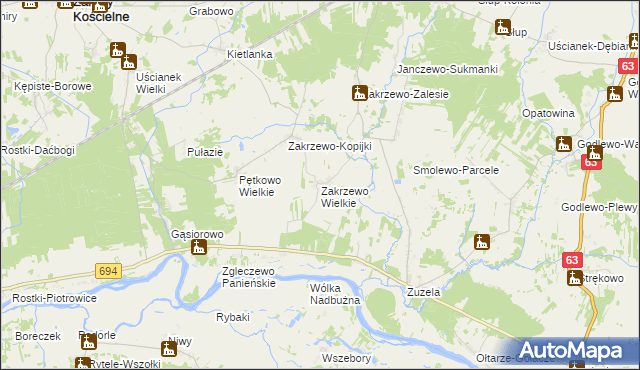 mapa Zakrzewo Wielkie gmina Zaręby Kościelne, Zakrzewo Wielkie gmina Zaręby Kościelne na mapie Targeo