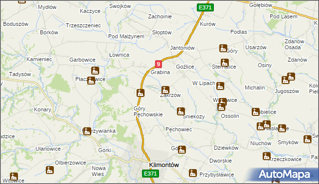 mapa Zakrzów gmina Klimontów, Zakrzów gmina Klimontów na mapie Targeo