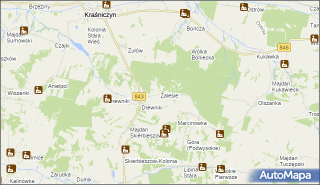 mapa Zalesie gmina Kraśniczyn, Zalesie gmina Kraśniczyn na mapie Targeo