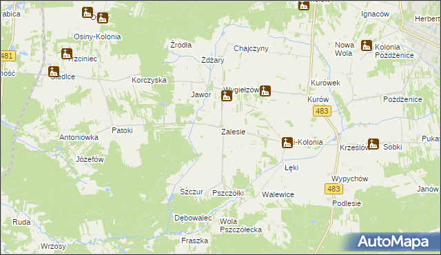 mapa Zalesie gmina Zelów, Zalesie gmina Zelów na mapie Targeo