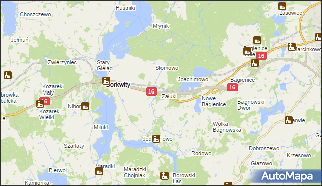 mapa Załuki gmina Sorkwity, Załuki gmina Sorkwity na mapie Targeo