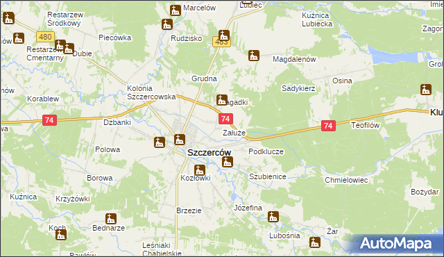 mapa Załuże gmina Szczerców, Załuże gmina Szczerców na mapie Targeo