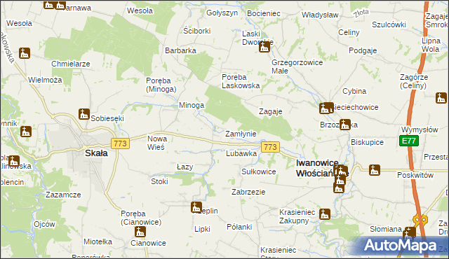 mapa Zamłynie gmina Skała, Zamłynie gmina Skała na mapie Targeo